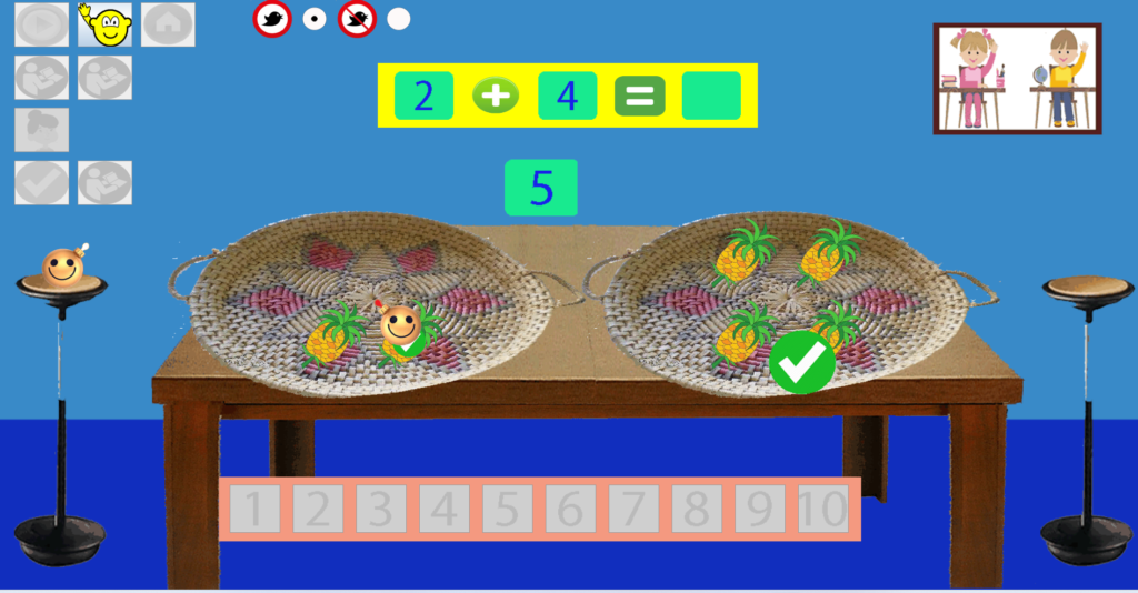 Visual addition lesson using objects and fruits for early math learners.
