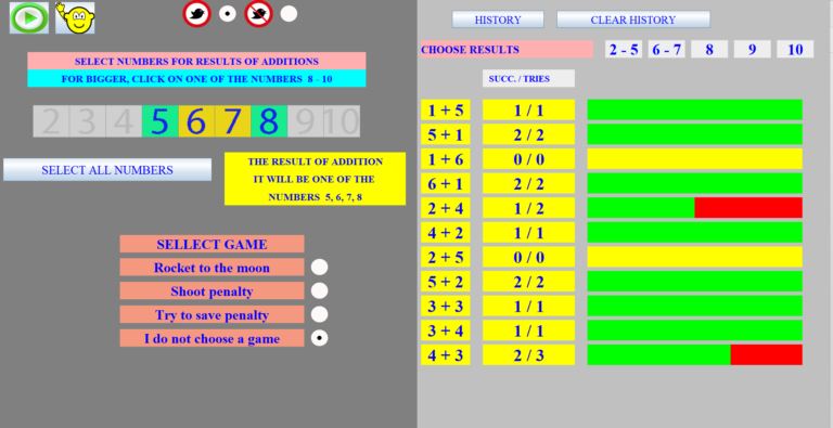 FirstMaths control panel: Select number range for operations and monitor student progress history.